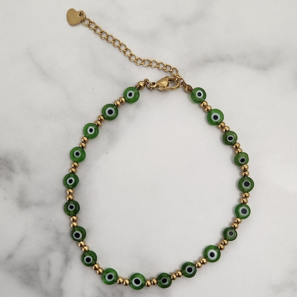 Resin Beaded Stainless Steel Gold And Green Evil Eye Anklet Bracelet - Picture 8 of 10